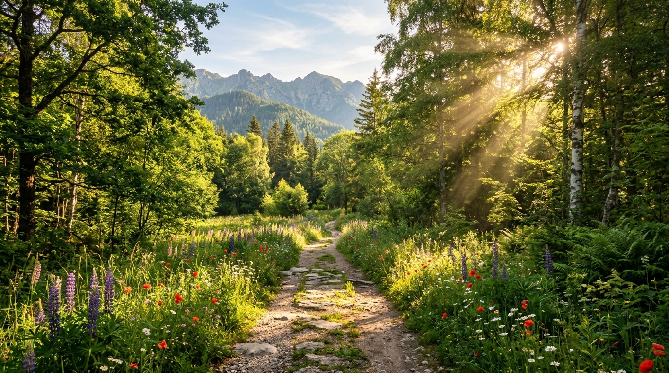 Caminho iluminado na natureza